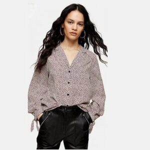 TOPSHOP Micro Animal Print Tie Long Sleeve Blouse in Nude/Multi / Size 2